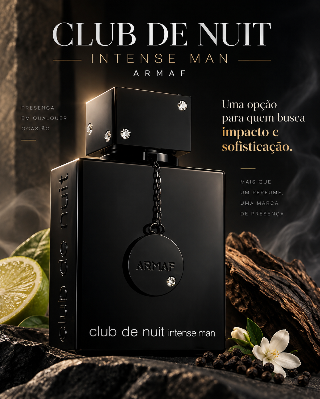 Material visual do Club de Nuit Intense Man com informações sobre a fragrância