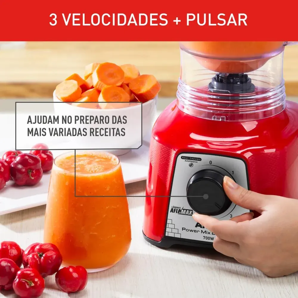 Três velocidades e pulsar do Liquidificador Arno Power Mix Essential Vermelho