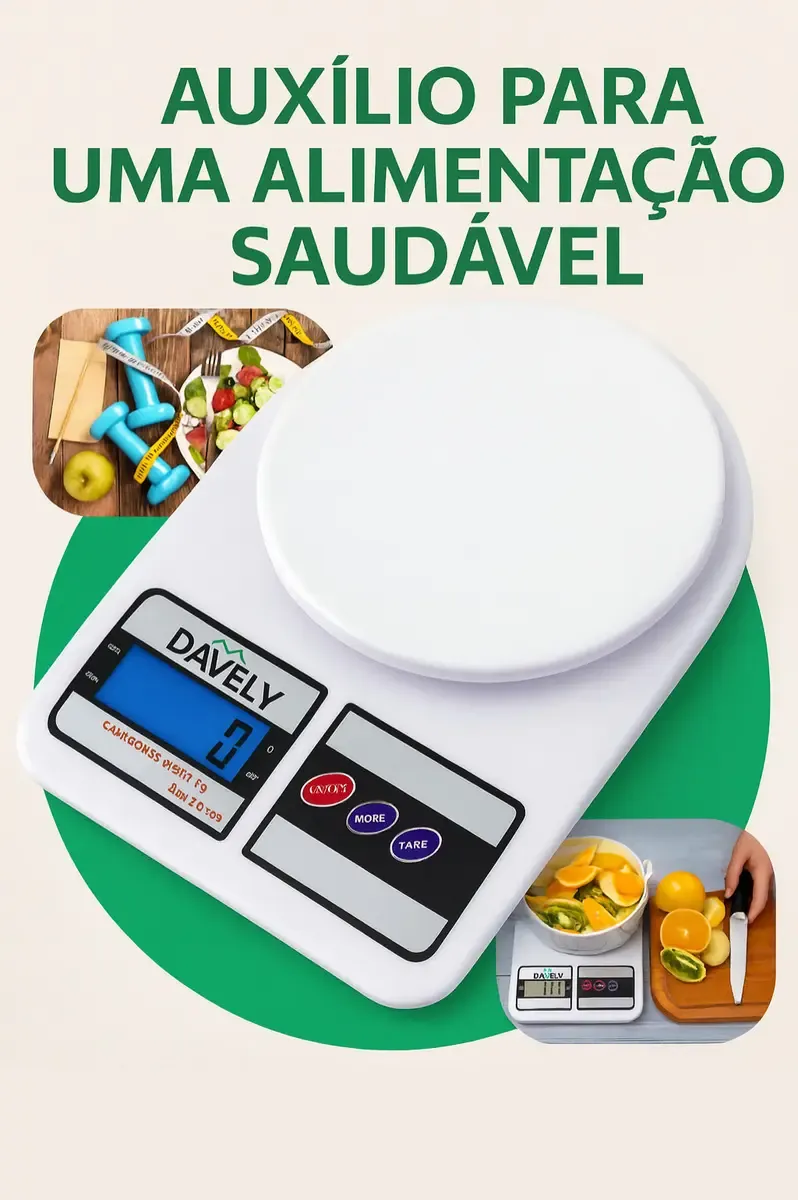 Balança digital Davely usada para controle de alimentos e porções