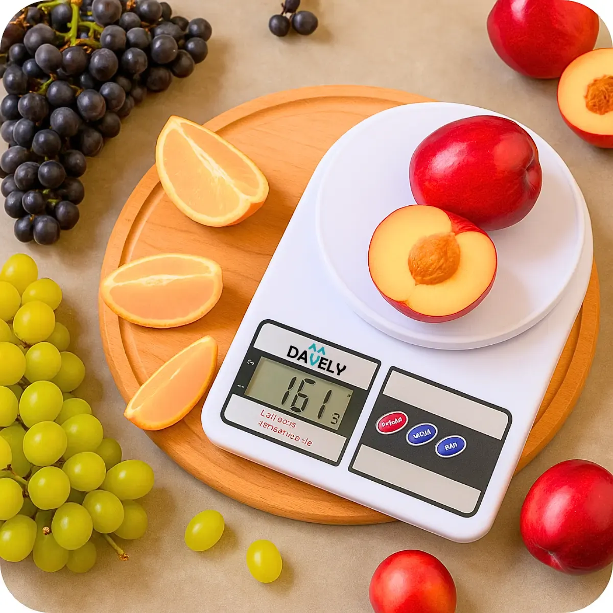 Balança digital Davely SF-400 branca com alimentos sobre a plataforma