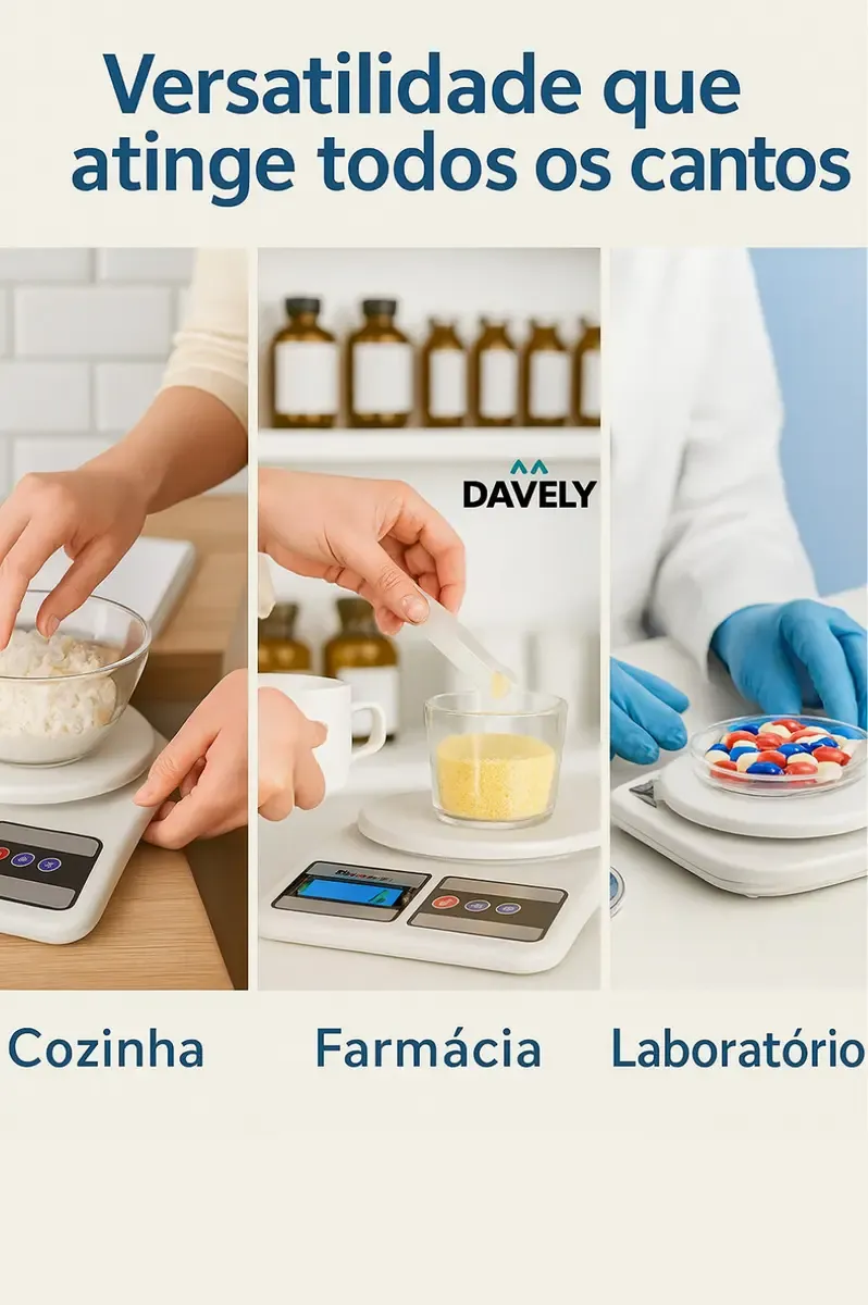 Imagem promocional da balança Davely em cozinha, farmácia e laboratório