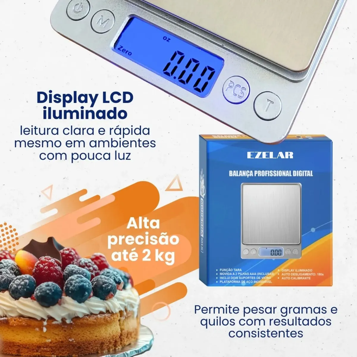 Close do display LCD iluminado da balança Ezelar e imagem da caixa do produto