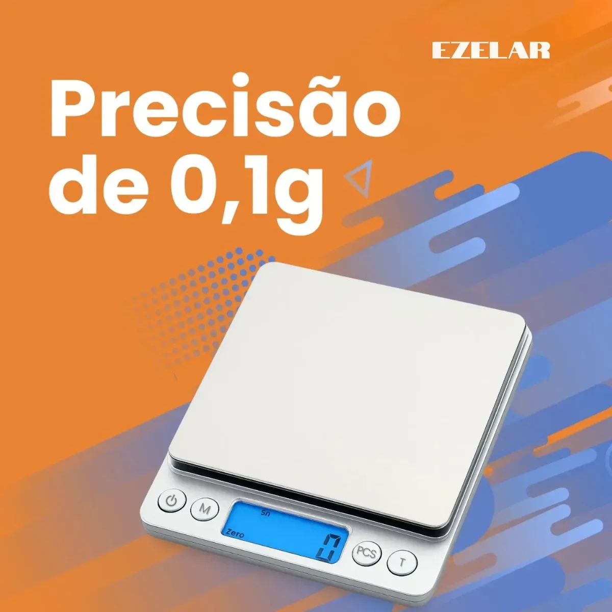 Imagem promocional da balança Ezelar destacando precisão de 0,1 g