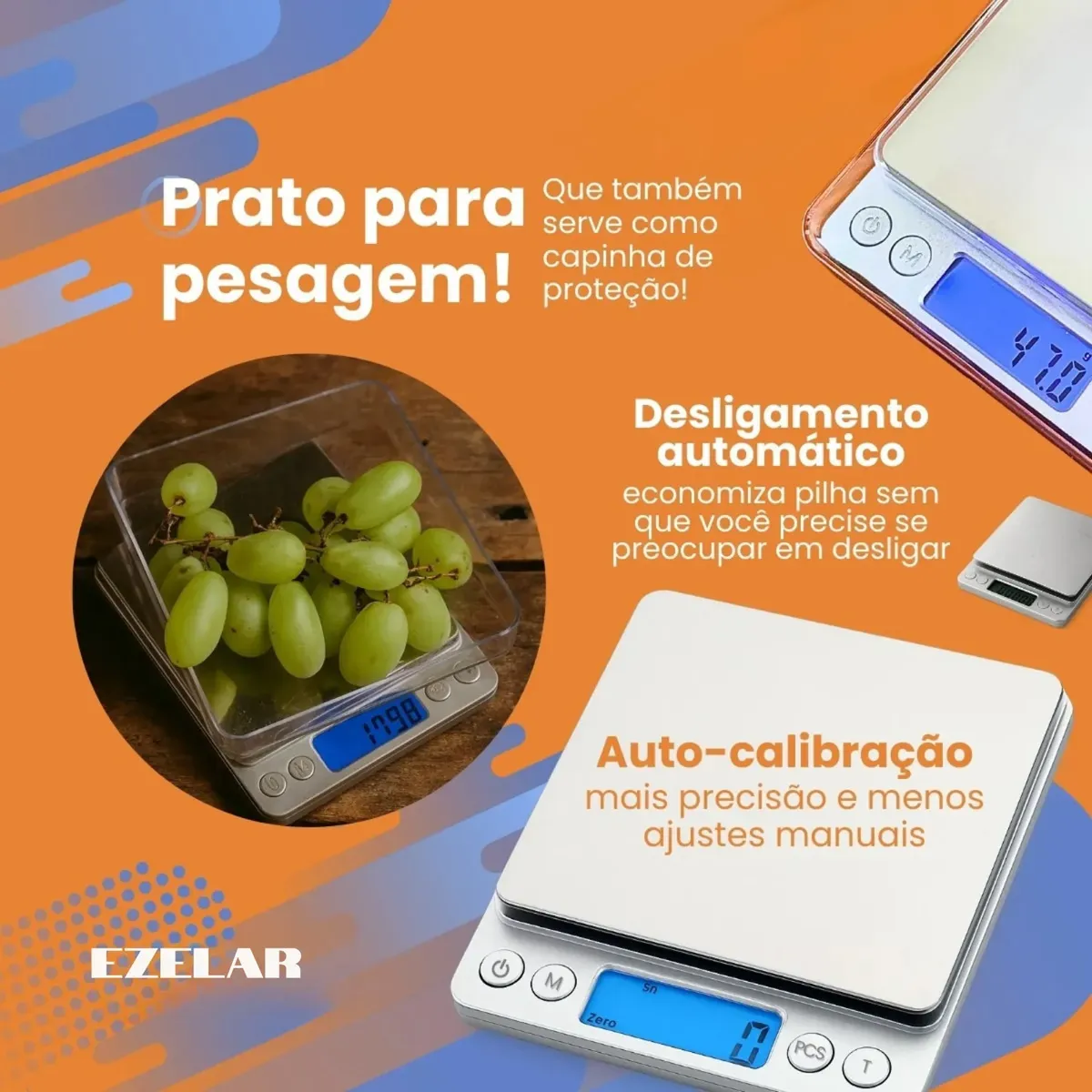 Balança Ezelar com destaque para prato de pesagem, desligamento automático e auto-calibração
