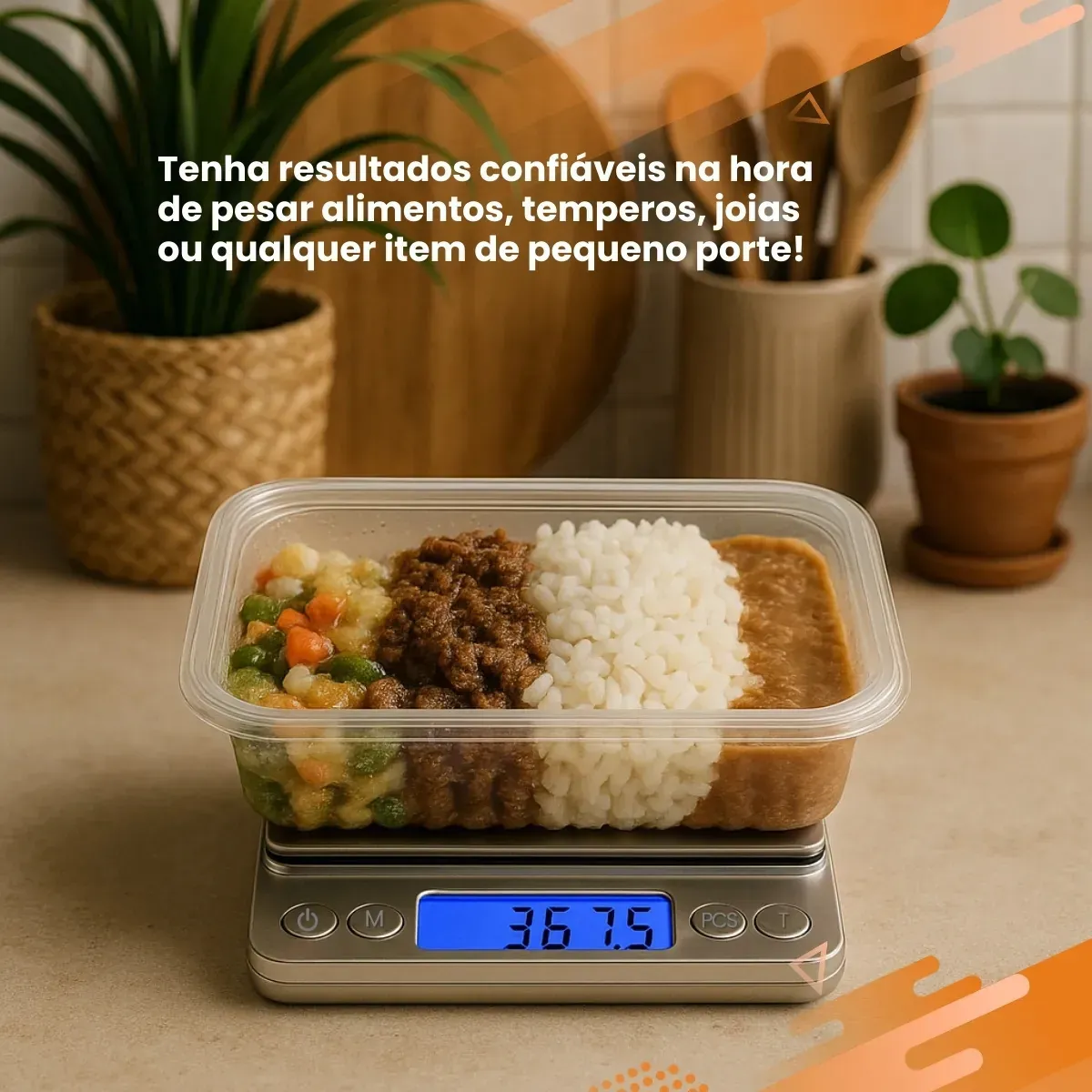 Mini balança digital Ezelar pesando refeição em pote