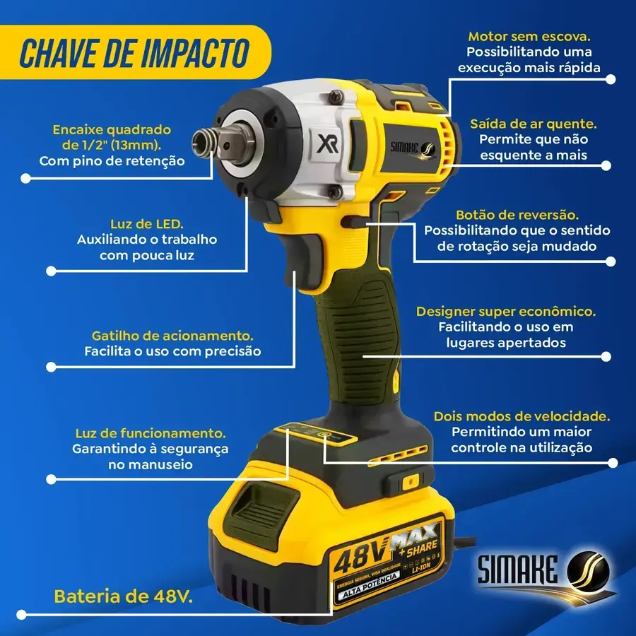Chave de impacto Simake com encaixe quadrado de meia polegada