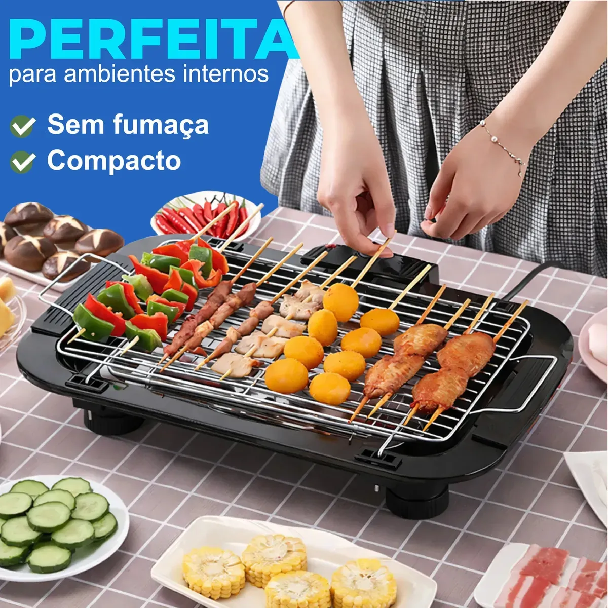 Churrasqueira elétrica Aero Home sendo usada em ambiente interno