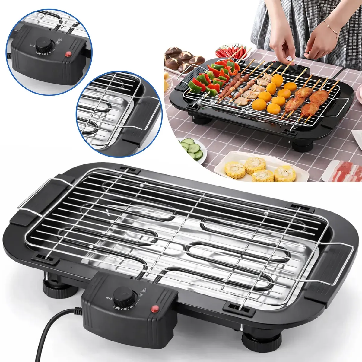 Detalhes da churrasqueira elétrica Aero Home com grelha, bandeja e controle