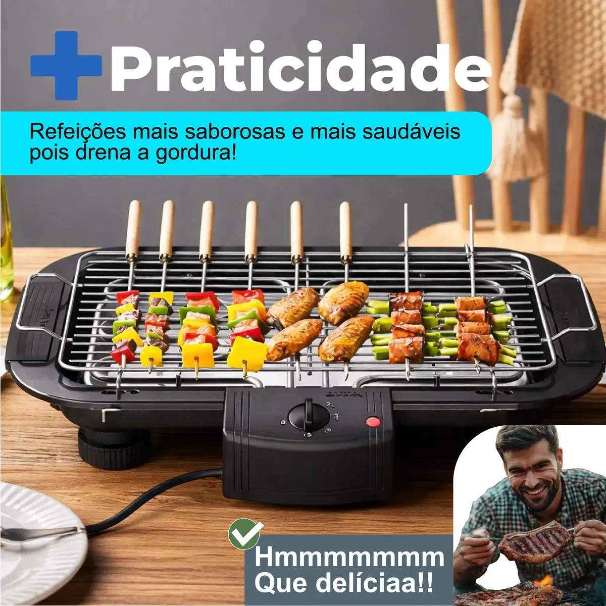 Churrasqueira elétrica Aero Home com espetinhos e alimentos grelhados