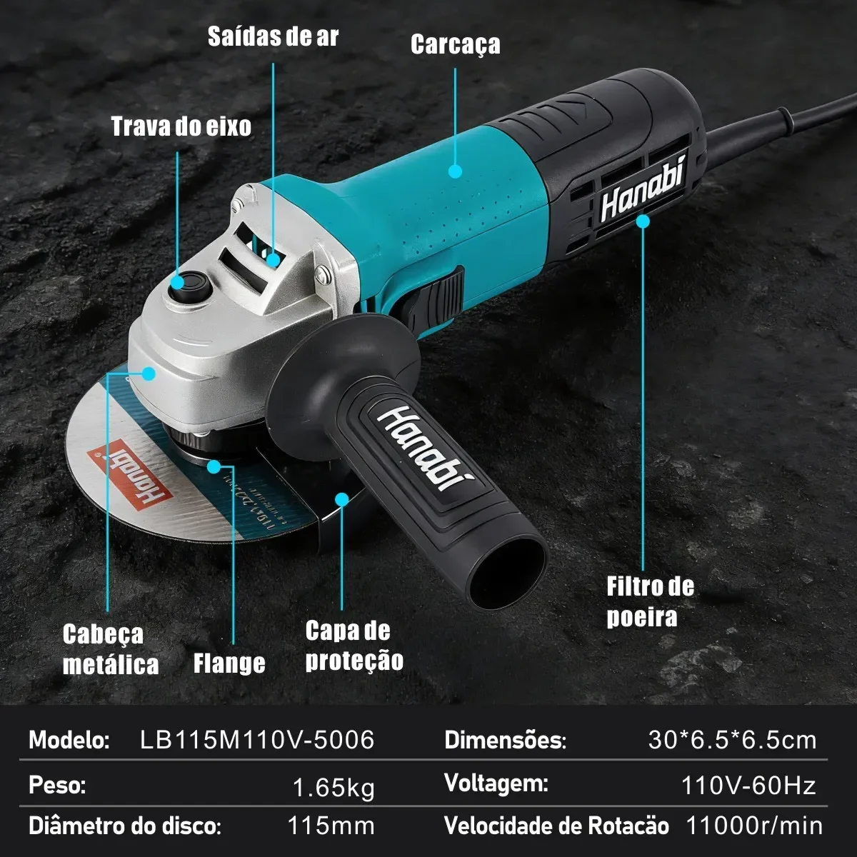 Ficha técnica e partes da Esmerilhadeira Hanabi 880W
