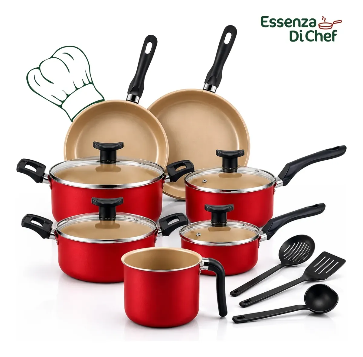Versão vermelha do conjunto de panelas Essenza Di Chef