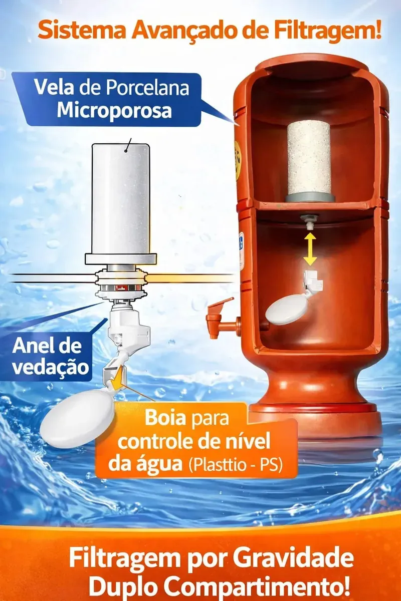 Sistema de filtragem do filtro de barro com vela e bóia