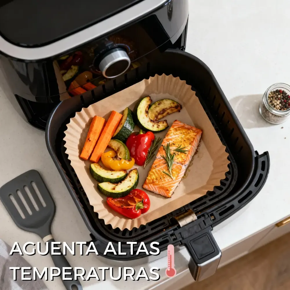 Forma de papel para air fryer com salmão e legumes