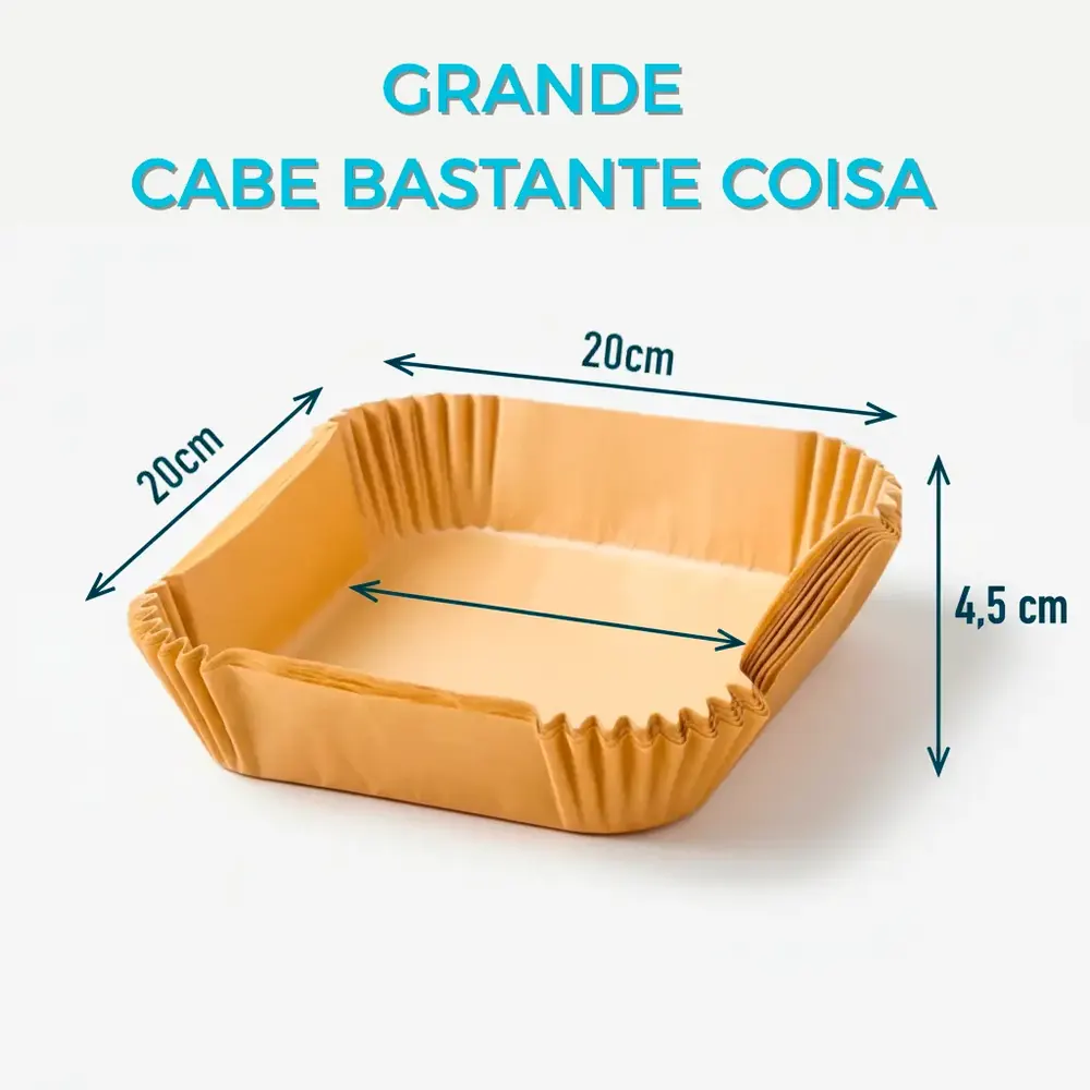 Medidas da forma de papel para air fryer 20 por 20 cm e 4,5 cm de altura