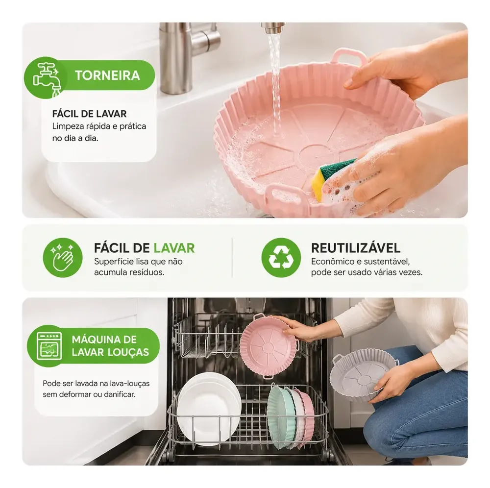 Lavagem de forma de silicone para air fryer na torneira e lava-louças