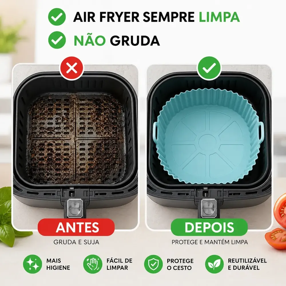 Forma de silicone dentro do cesto da air fryer ajudando na limpeza