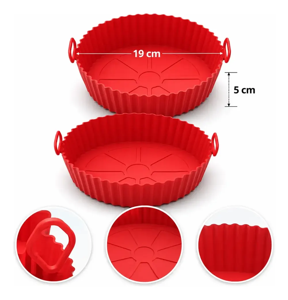 Imagem promocional com medidas da forma de silicone para air fryer
