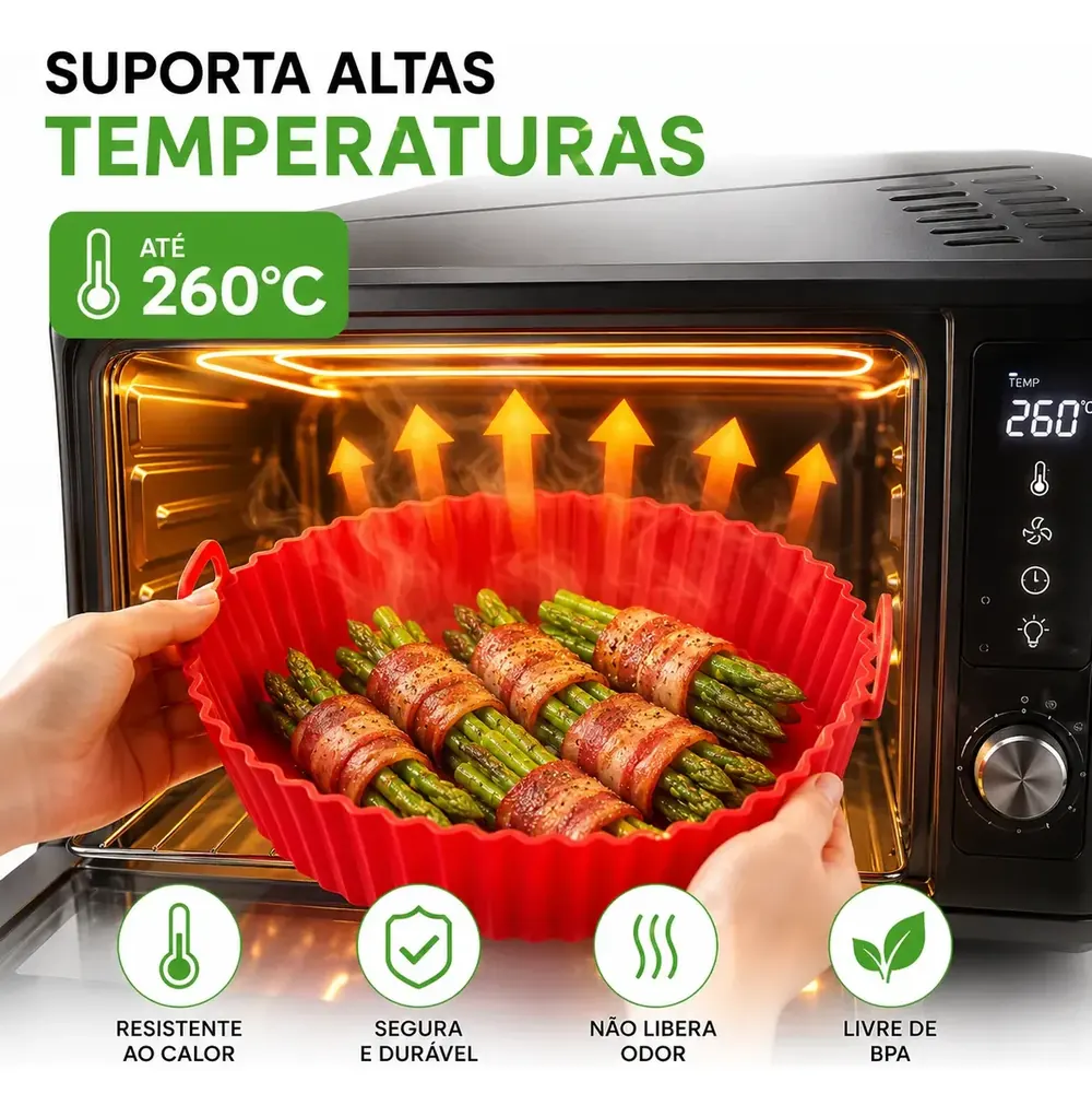 Forma de silicone para air fryer em uso sob alta temperatura