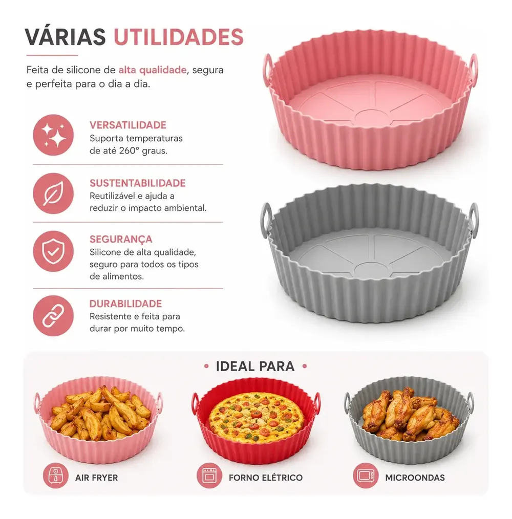 Forma de silicone indicada para air fryer, forno e micro-ondas
