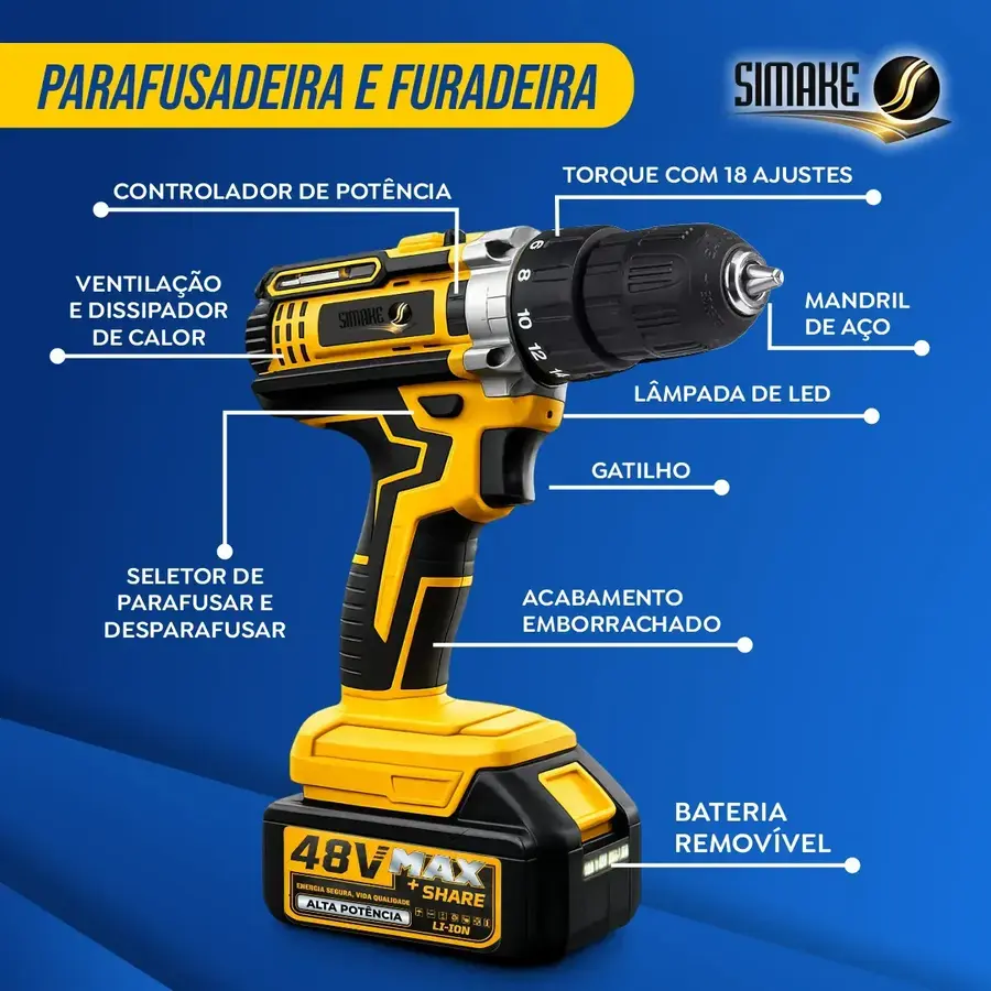 Furadeira e parafusadeira Simake com mandril e ajustes de torque