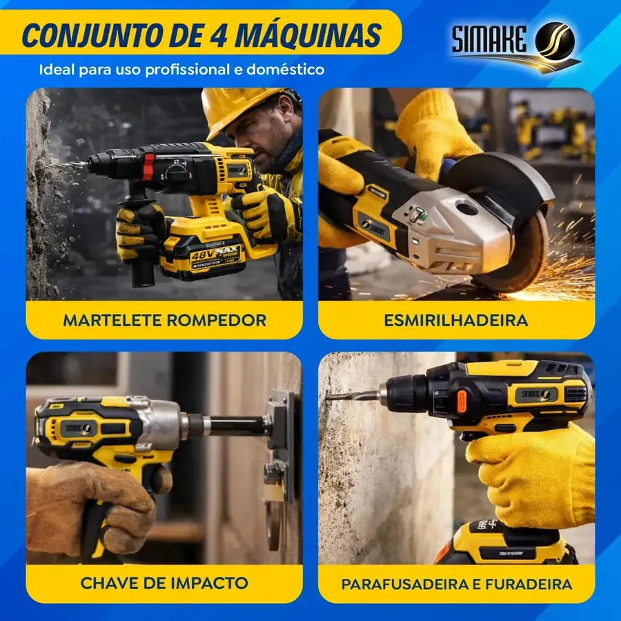 As quatro máquinas do Kit Simake: martelete, esmerilhadeira, chave de impacto e furadeira
