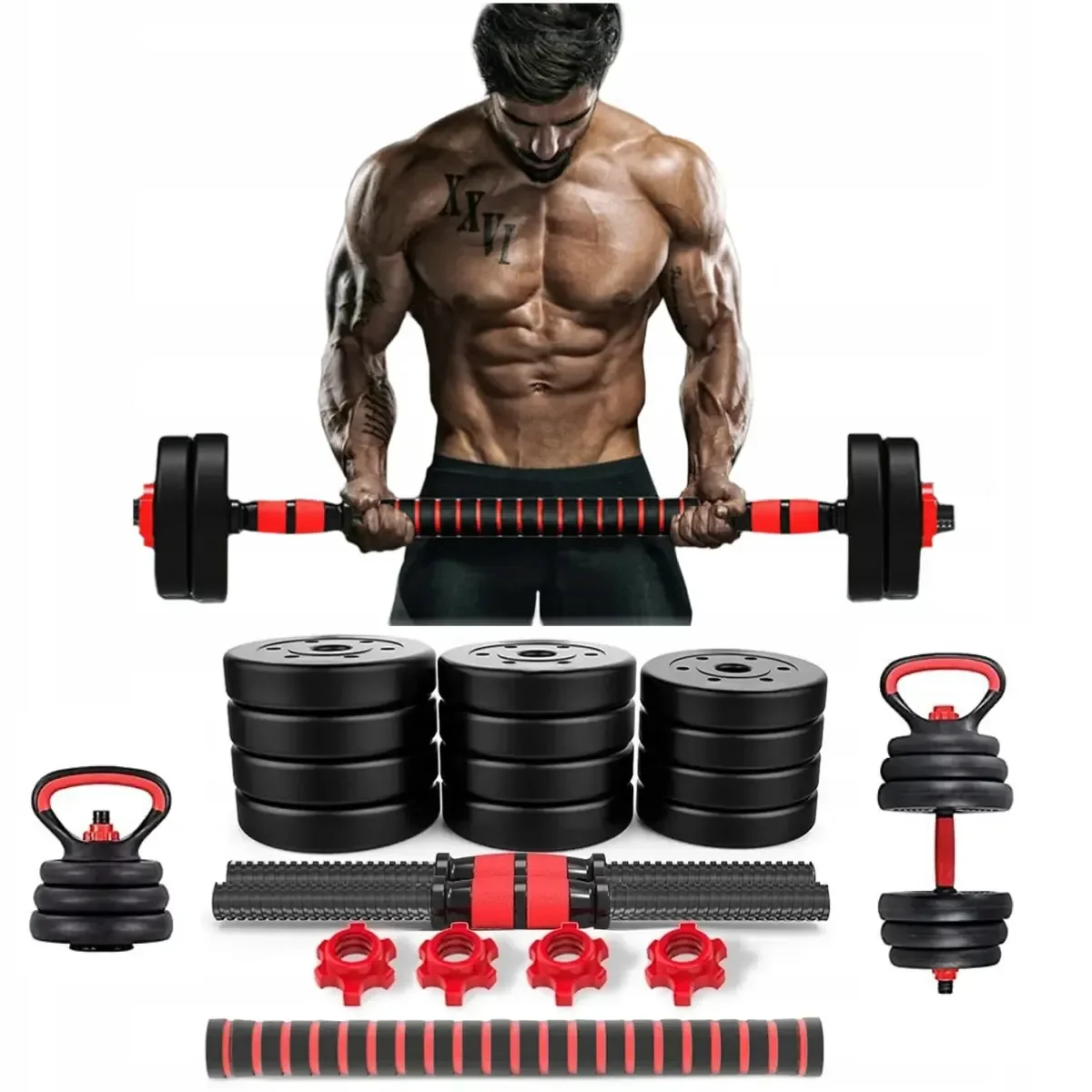 Kit Knack de halteres, barra, anilhas e kettlebell ajustáveis de 15 kg
