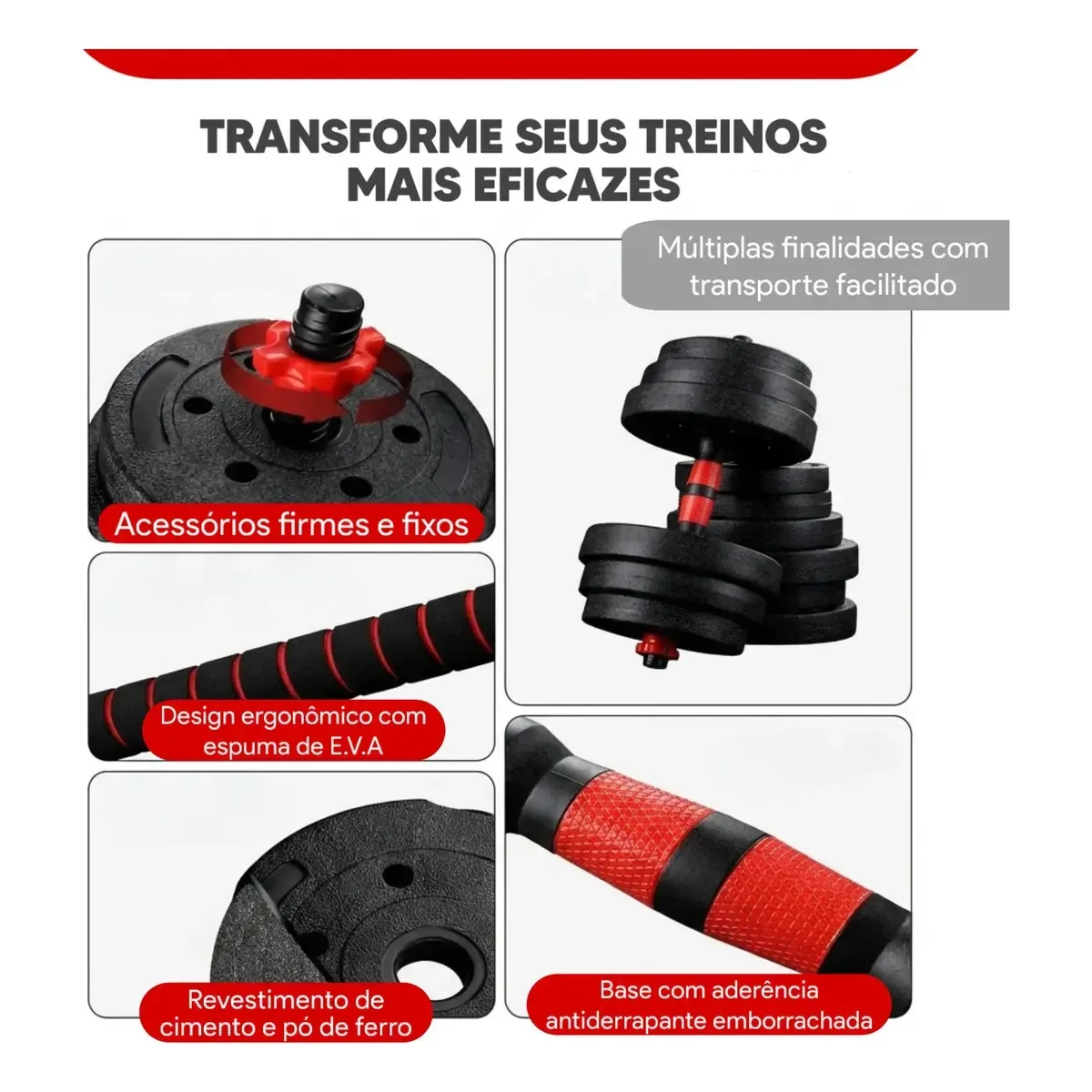 Detalhes das anilhas, barra com EVA e empunhadura do Kit Knack