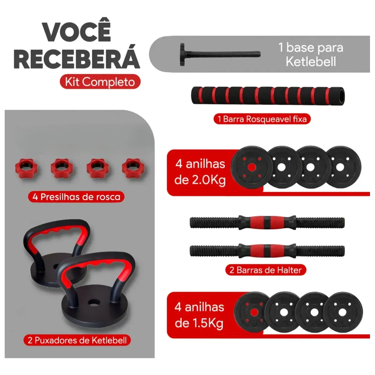 Conteúdo do Kit Knack 15 kg com barras, anilhas, puxadores e presilhas