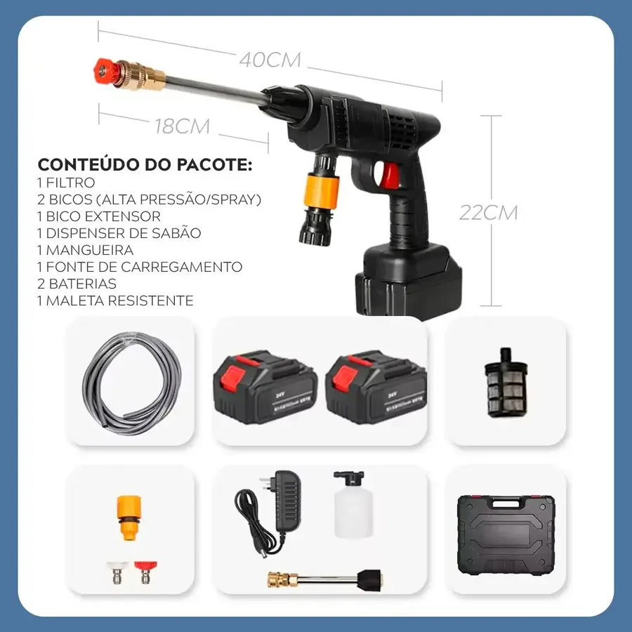 Conteúdo anunciado do kit da lavadora portátil com duas baterias