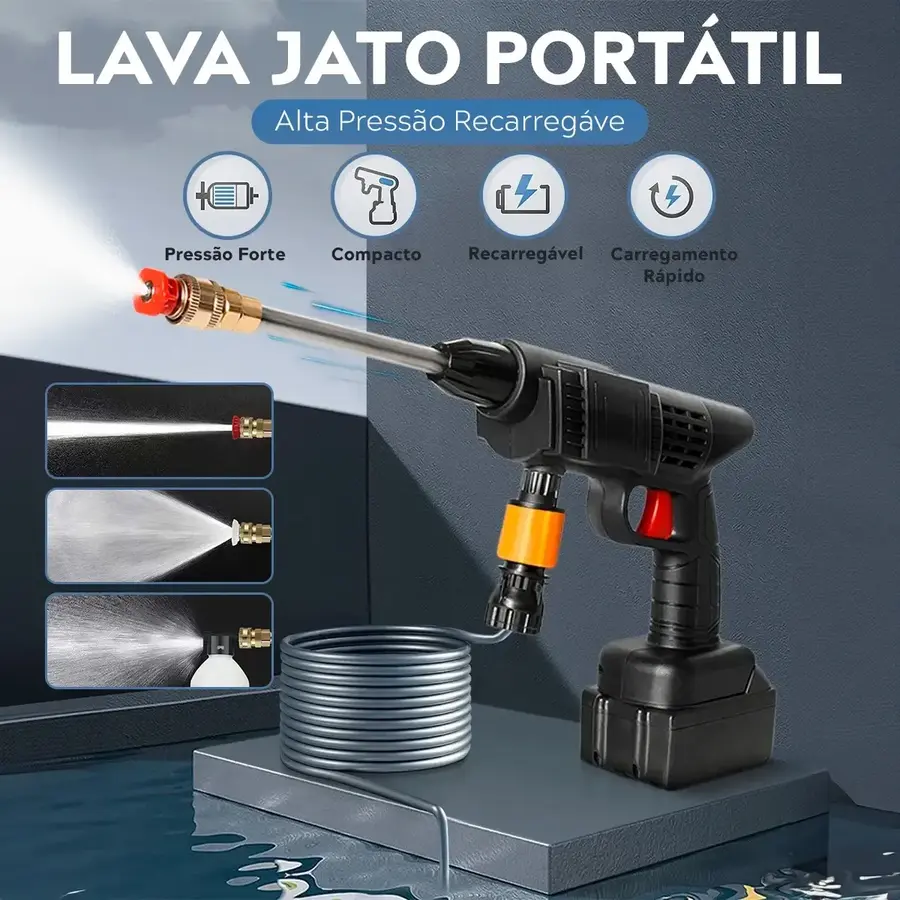 Lavadora portátil recarregável com mangueira e opções de jato