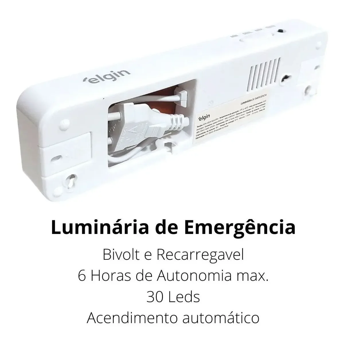 Parte traseira da Luminária de Emergência Elgin com cabo de recarga