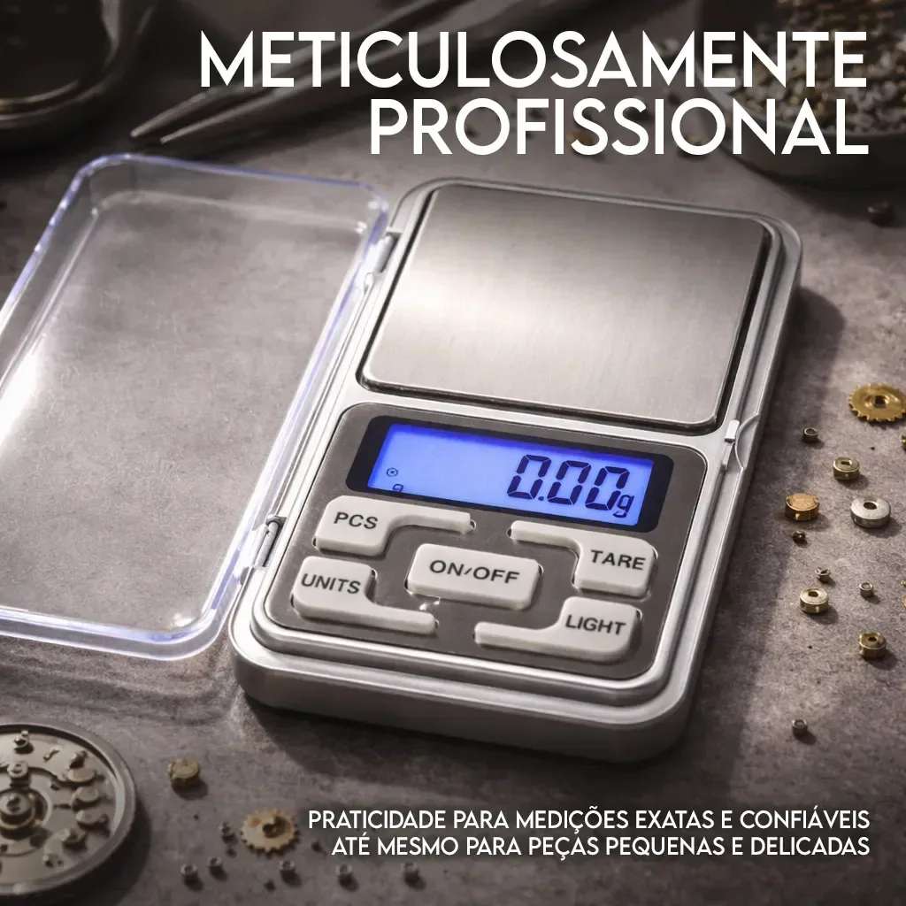 Mini balança digital com visor marcando 0,00 g e destaque para medições precisas