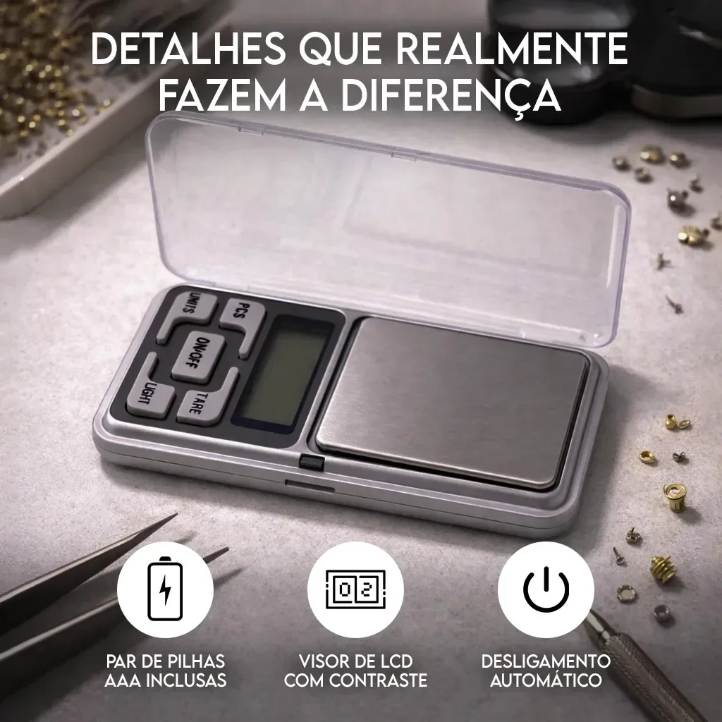 Mini balança Apfer com tampa aberta, visor LCD e indicação de pilhas AAA e desligamento automático