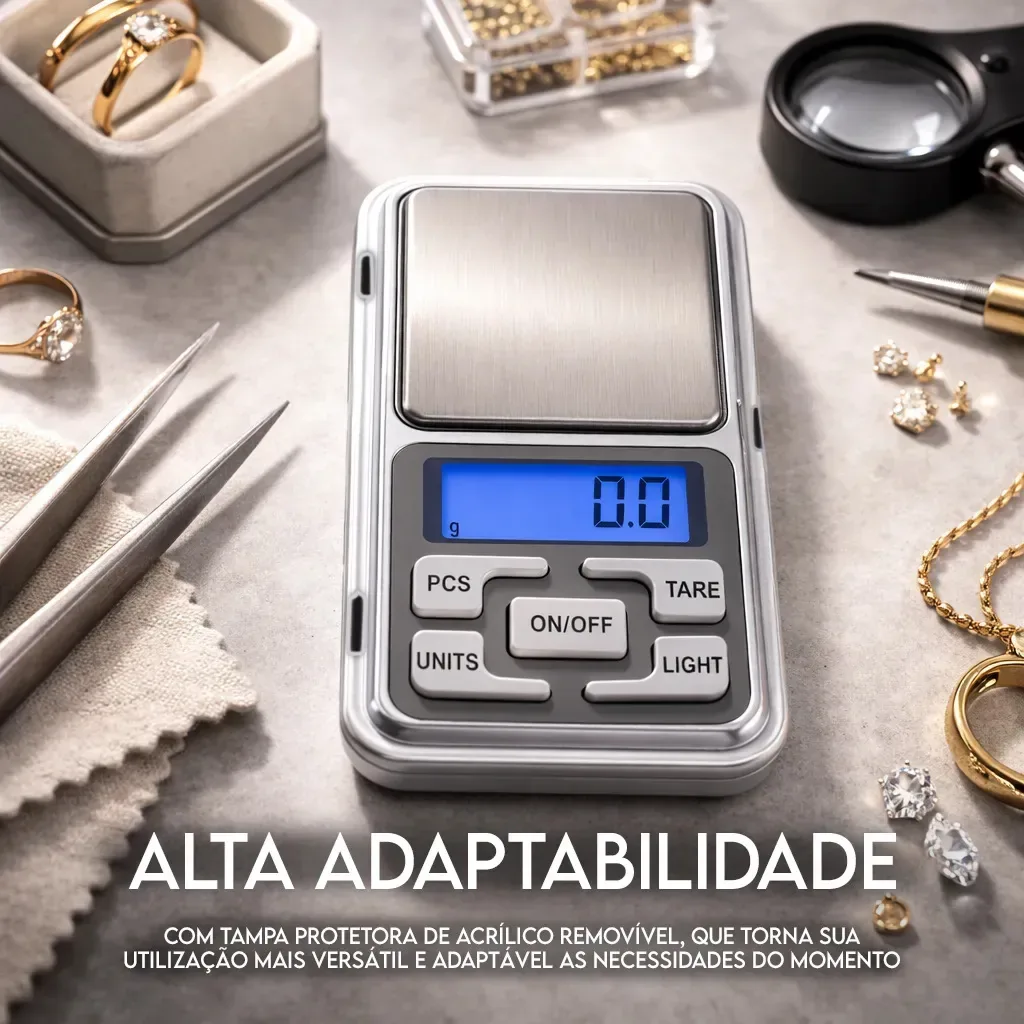 Mini balança digital com tampa protetora de acrílico removível