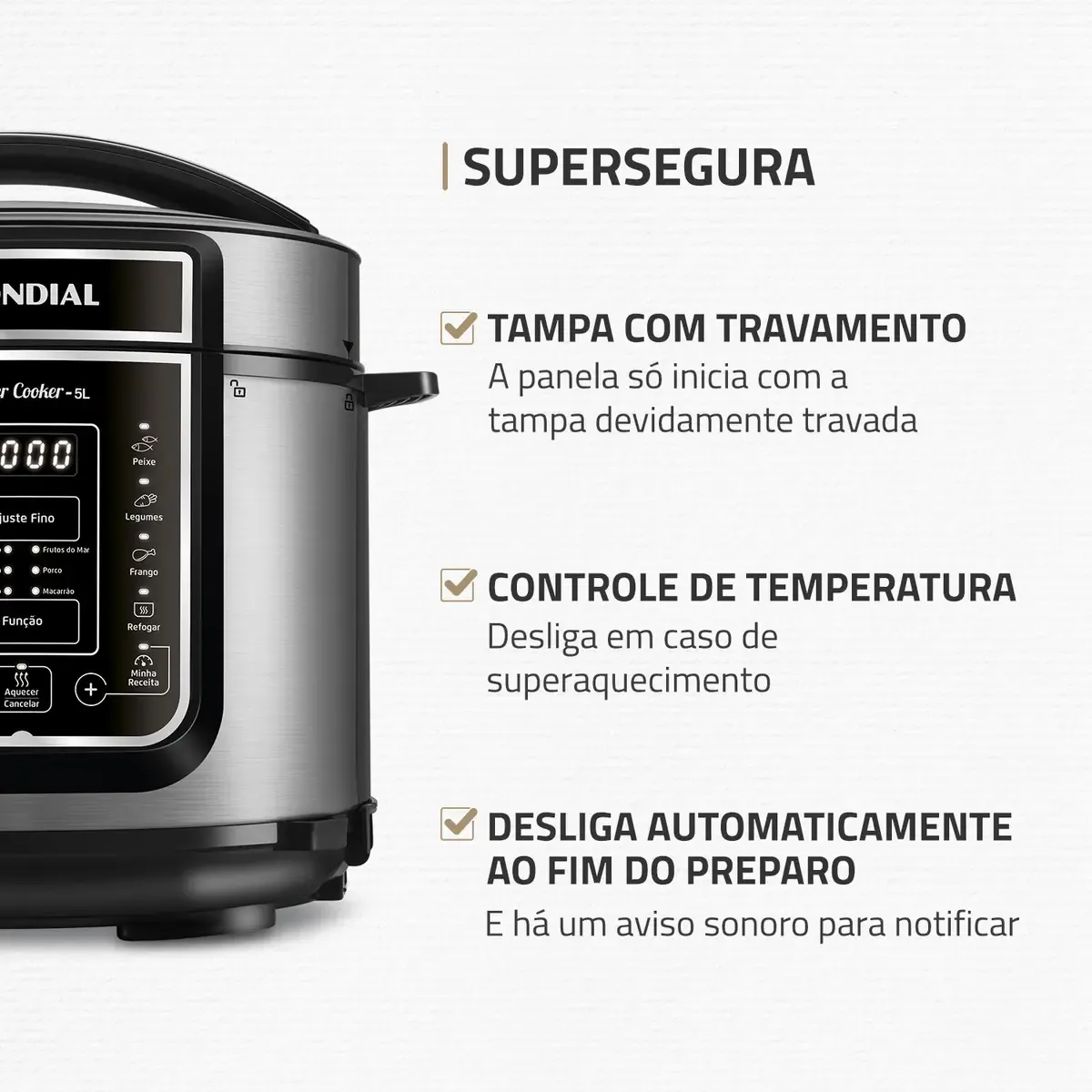 Trava da tampa, controle de temperatura e desligamento automático da Mondial PE-38