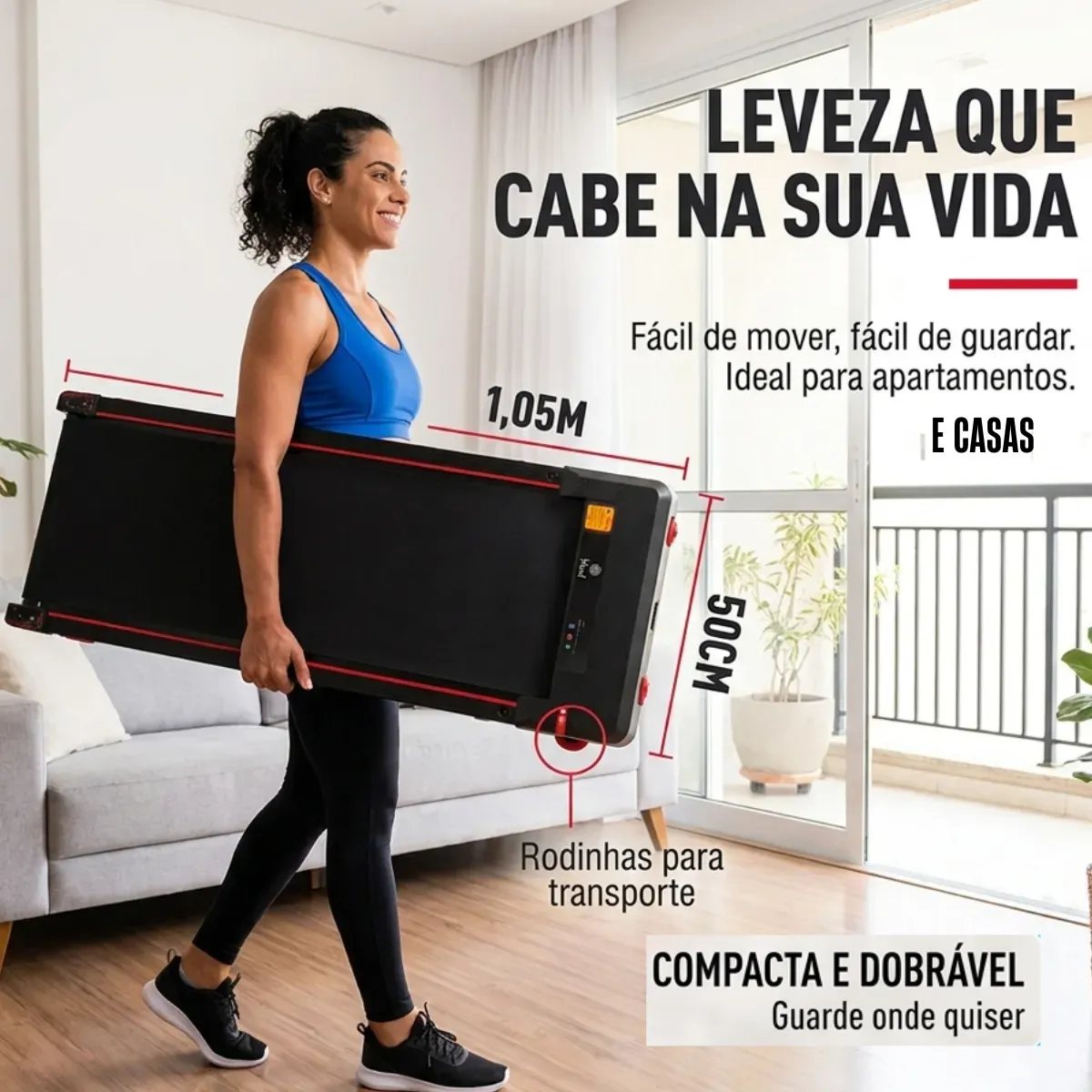 Esteira elétrica compacta sendo transportada dentro de uma residência