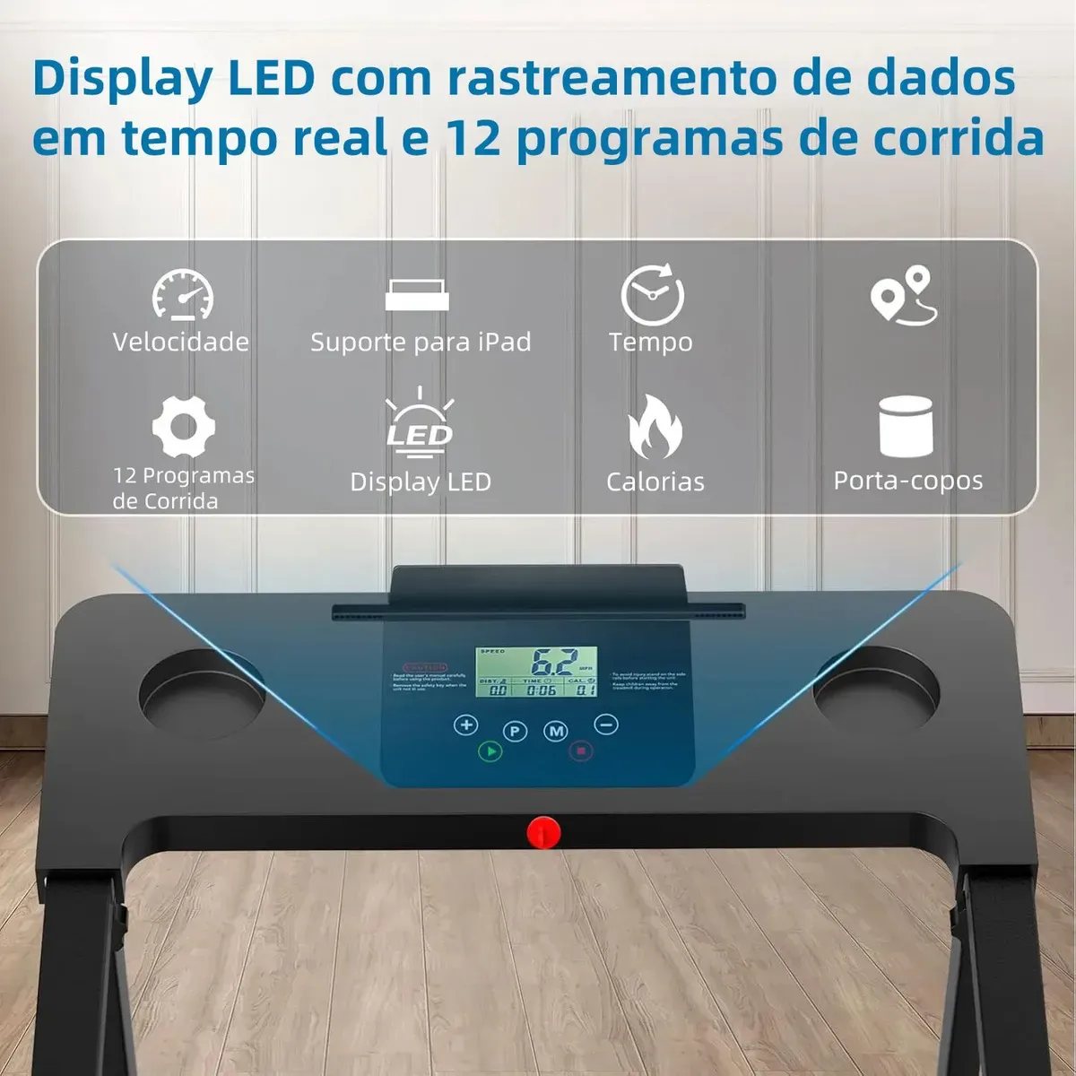 Painel de esteira elétrica com display LED e programas de treino