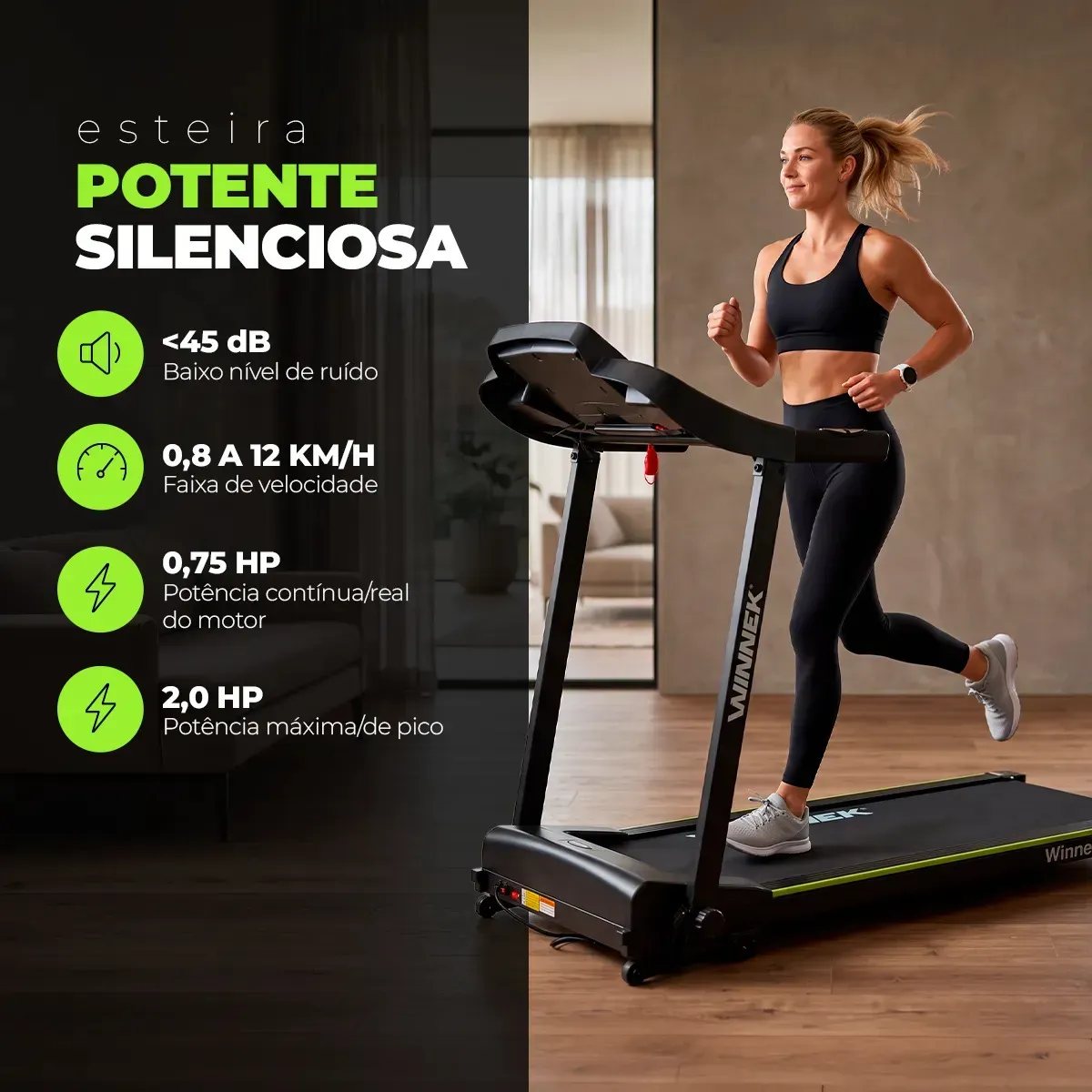 Material promocional da WINNEK Rush com dados de velocidade, potência e ruído