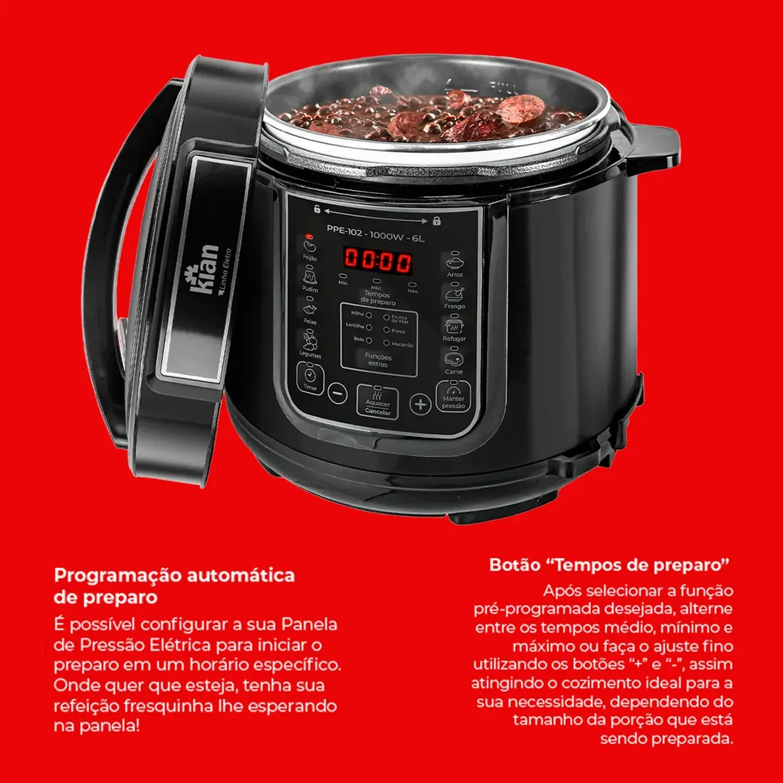 Panela Kian PPE-102 com informações sobre programação automática e ajuste de tempos de preparo