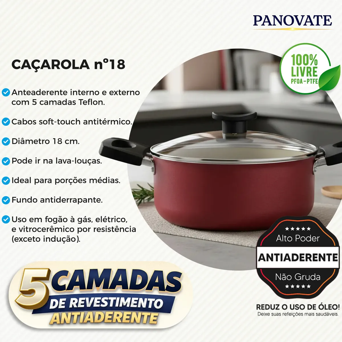 Caçarola Panovate 18 cm com tampa de vidro