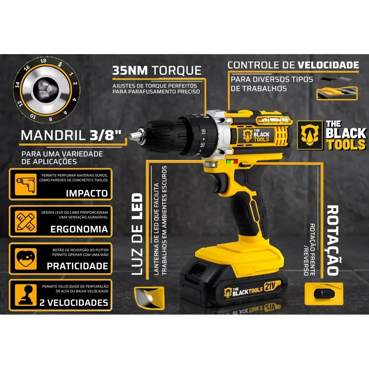 Recursos da The Black Tools TB-21PW com 35 Nm, mandril e duas velocidades