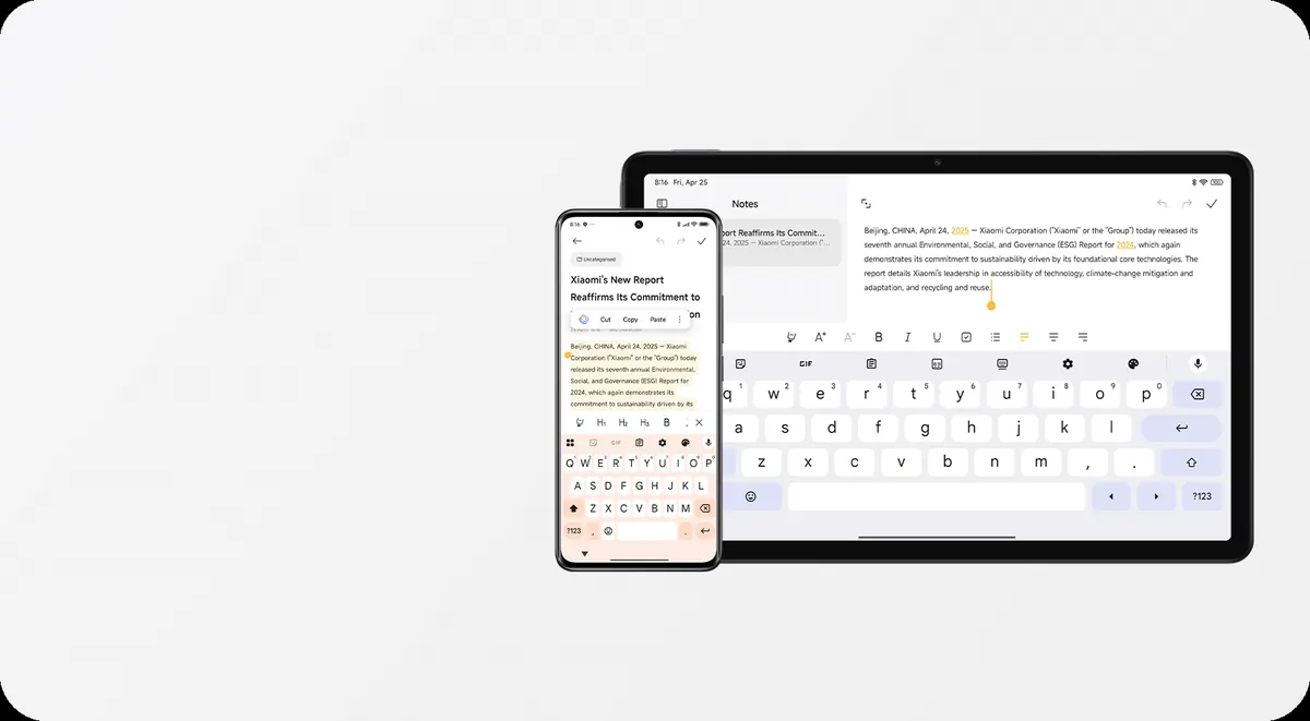 Integração entre smartphone Xiaomi e Redmi Pad 2 para notas