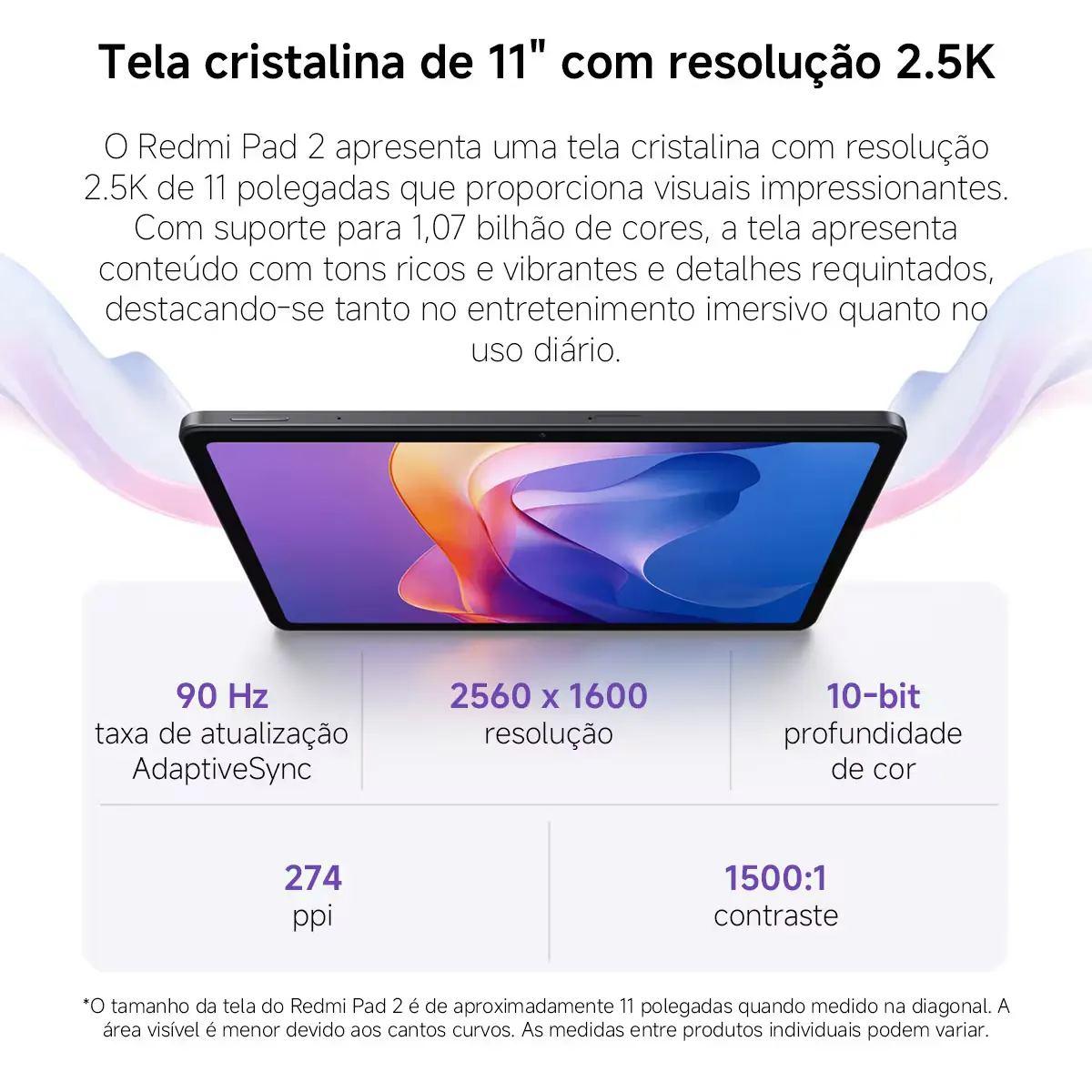 Informações de tela 2.5K e 90Hz do Redmi Pad 2