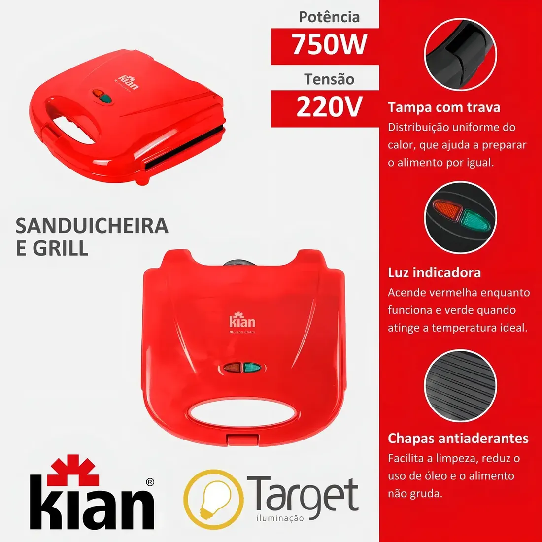 Especificações da Sanduicheira Kian vermelha 750W 220V