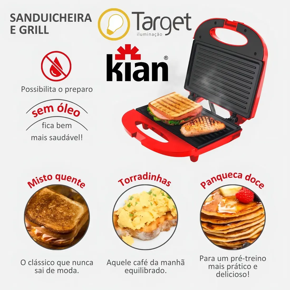Sanduicheira Kian vermelha com sugestões de preparo