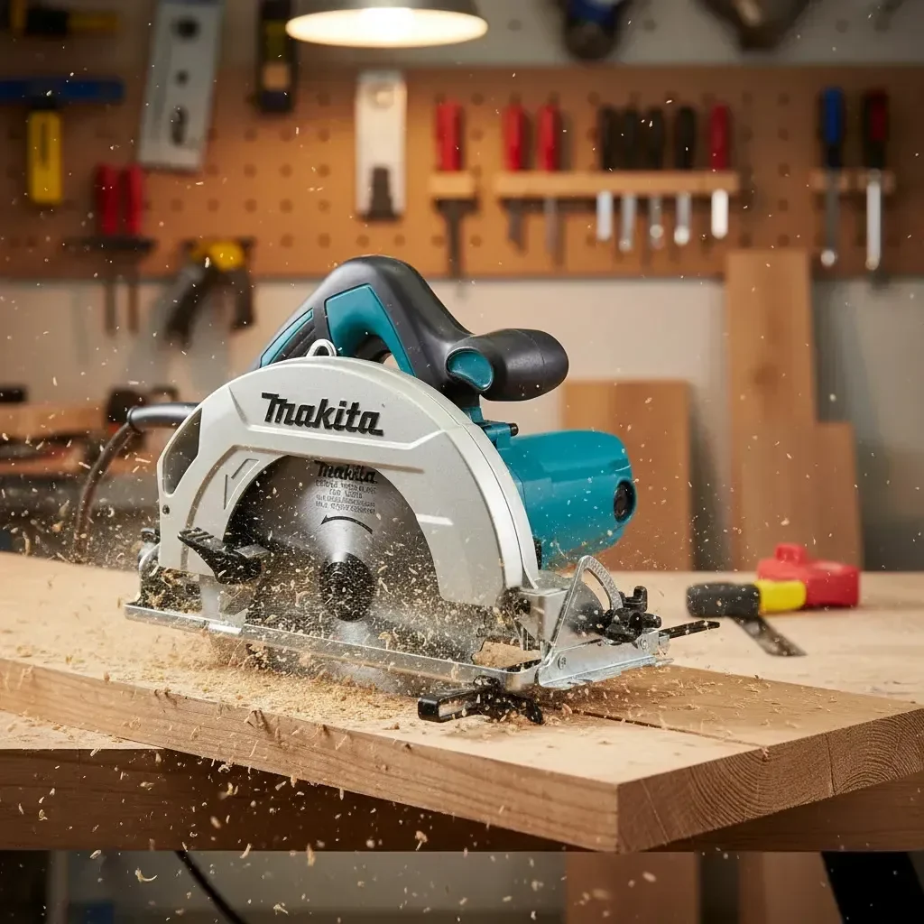 Serra Circular Makita HS7010 realizando corte em madeira